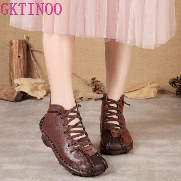 

boots gktinoo genuine leather 2021 women lace-up round toe flat with summer autumn sewing handmade ankle ladies, Black