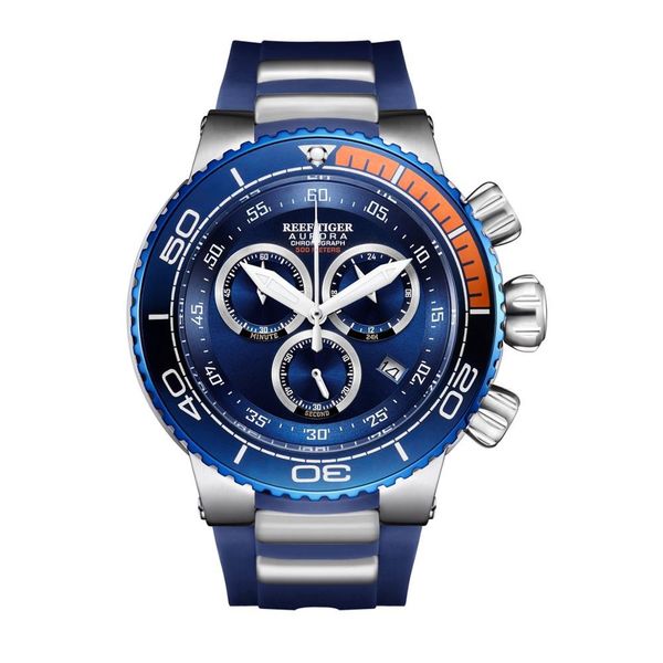 

reef tiger men chronograph watch,mens dive watches man luxury sport military 300m waterproof quartz wristwatch big dial relogio, Silver