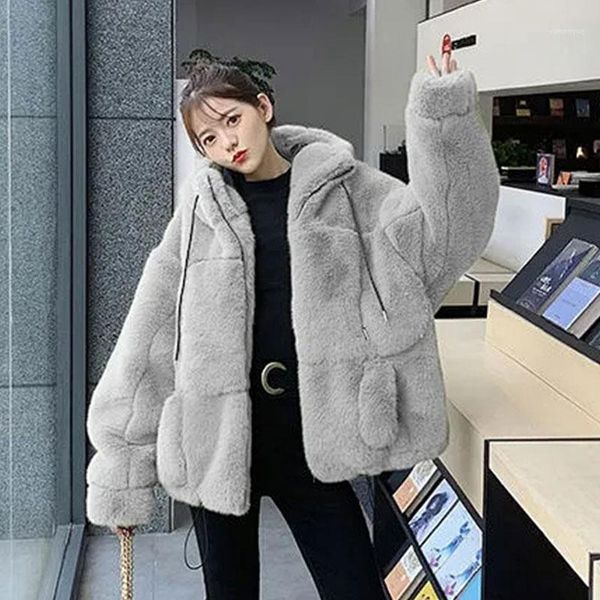 

women's fur & faux zip hooded thicken nice jacket famale loose winter short coat excellent texture thick khaki, Black