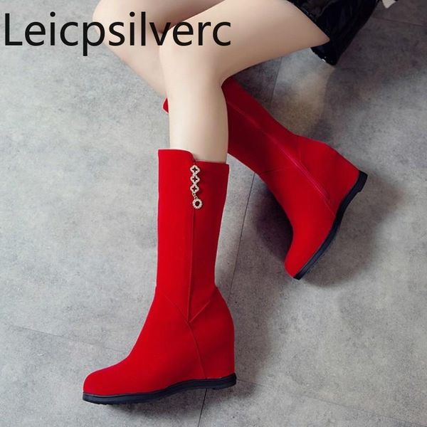 

women's boots the winter fashion zipper internal increase mid heel middle tube shoes plus size 34-43 height 6cm, Black