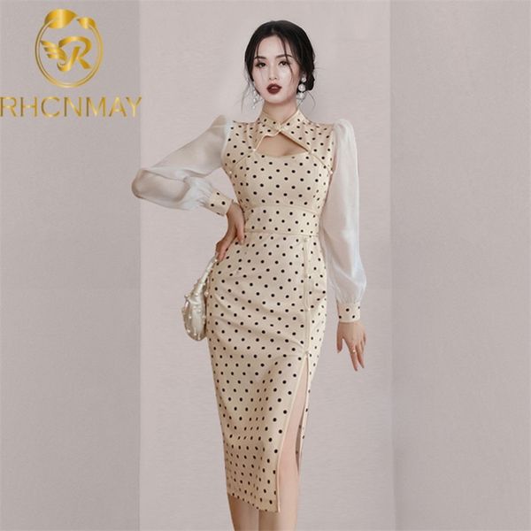 

spring hit clothe for women patchwork long sleeve split wrap bodycon polka dot dresses ladies 210506, Black;gray