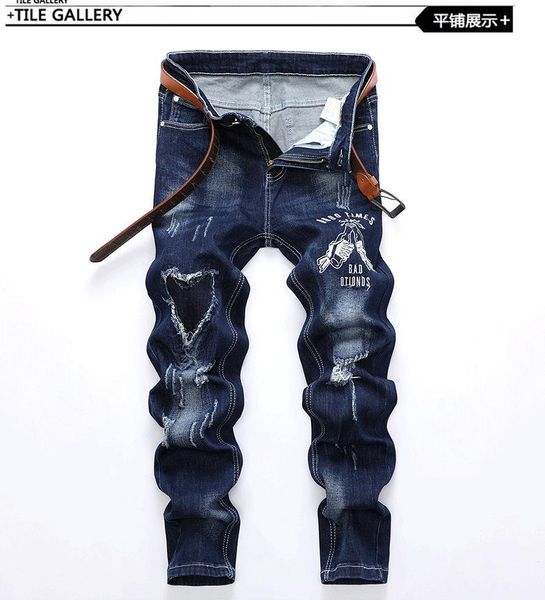 

ripped jeans men's frayed patch small straight leg pants stretch blue korean