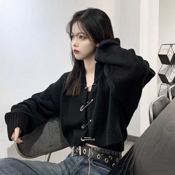 

women's sweaters big pin buckle knitted sweater cardigans black jumpers long sleeve autumn korean gothic cropped outwear vintage h, White;black