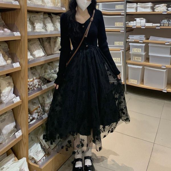 

casual dresses hepburn style black gauze knitted dress women autumn and winter slim long-sleeved v-neck a-line, Black;gray