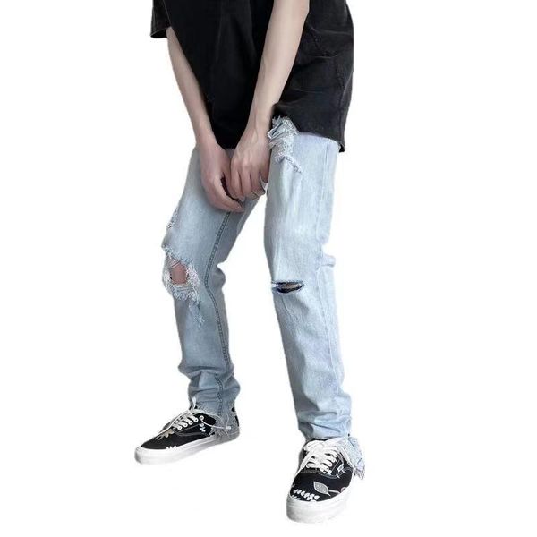 

men's jeans korean version of the trend self-cultivation black ripped spring and autumn festival straight all-match beggar pants, Blue