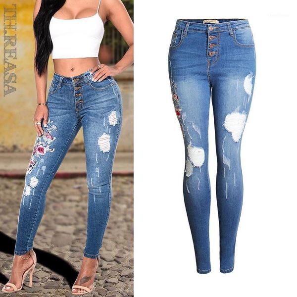 

women's jeans stretchy tassel ripped woman denim wide leg pants trousers for women skinny pockets embroidery flower vintage, Blue