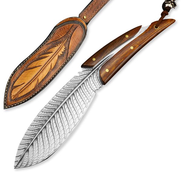 

feather knives damascus vg10 steel hunting knife camping knife all-in-one fixed blade outdoor tool edc desert iron wood handle fishing self-