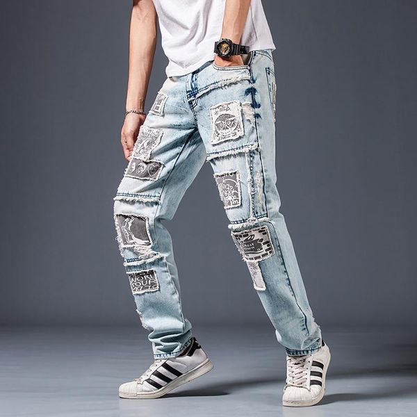 

men's jeans streetwear pants ripped denim trousers biker male casual designer comfortable advanced tactical, Blue