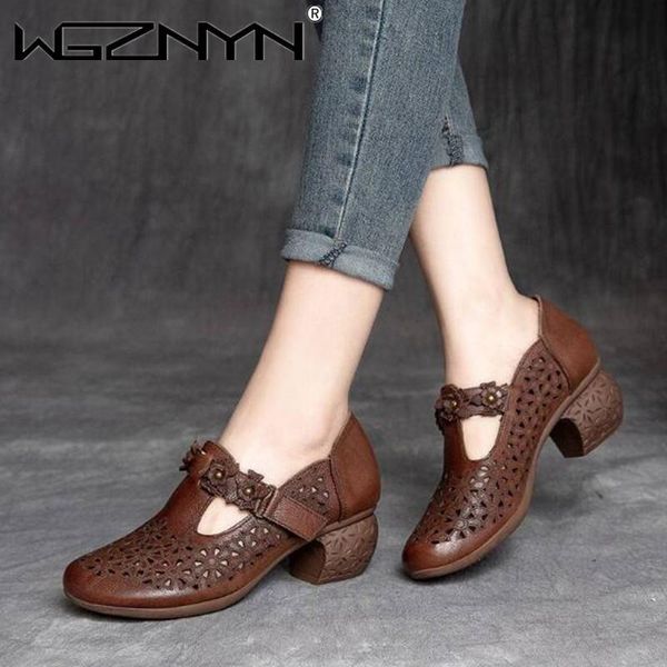 

sandals 2021 summer fashion shoes genuine pu leather handmade women thick heels hollow retro closed toe ladies women's, Black