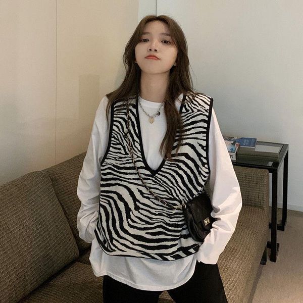 

spring and autumn korean loose vest women's zebra v-neck tanks & camis, White