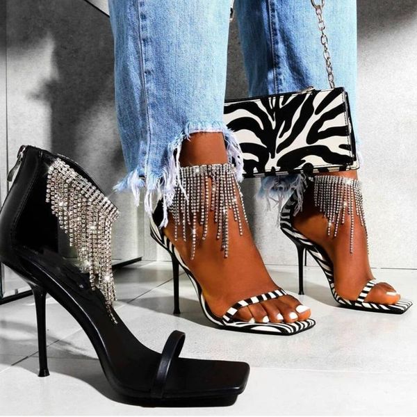 

dress shoes plus size 35-42 women sandals summer 2021 tassel crysta stiletto high heels square toe strap gladiator, Black