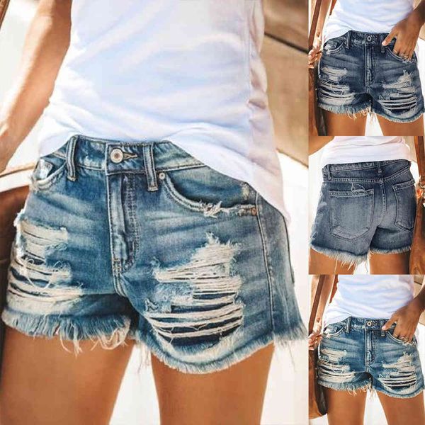 

women's jeans summer high waisted tassel pierced shorts pants temperament casual straight, Blue