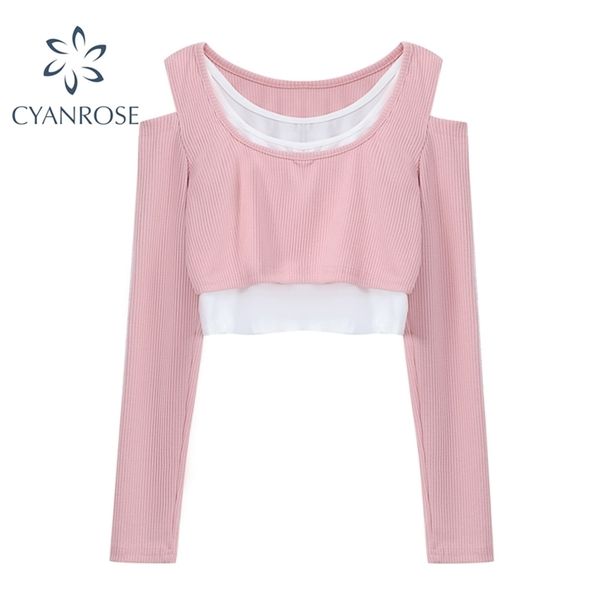 

streetwear spliced fake 2 pieces for women long sleeve crop t shirt e-girl aesthetic off shoulder slim ins tees 210515, White