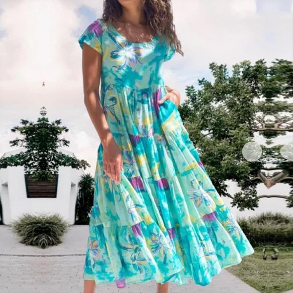 

summer boho plus size women dresses tie dye green print short sleeve loose dress flowy o neck beach evening party, Black;gray