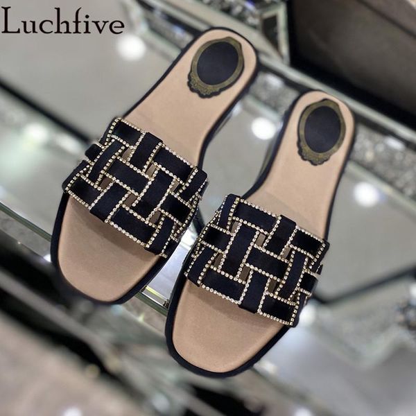 

crystals open toe slippers runway mule flats ladies slides summer sandals black diamond shoes woman