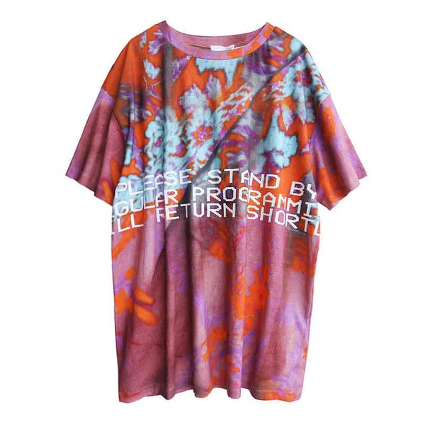 

women tie dyeing letter print o-neck high street long tees colorful t-shirt female summer b0585 210514, White