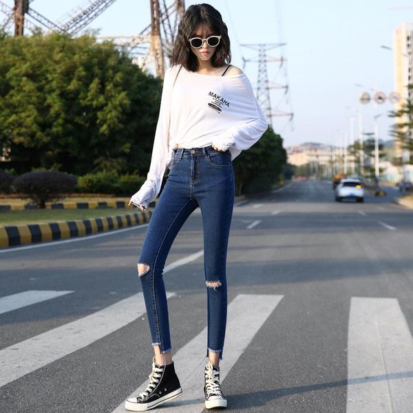 

women's jeans 2021 black blue plus size washed slim elastic skinny woman high waist ripped ankle length casual pencil pants