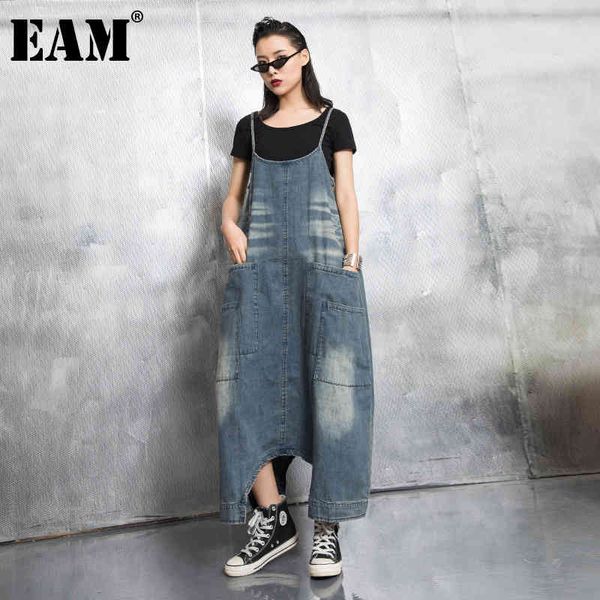 

[eam] women blue denim irregular big size long dress round neck sleeveless loose fit fashion spring autumn 1dd2305 21512, Black;gray