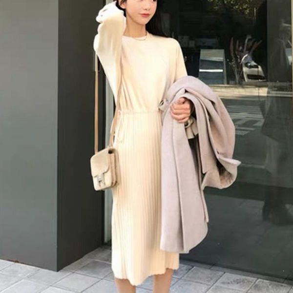 

casual dresses women 2021 autumn winter solid color sweater dress female loose pullover knitted ladies o-neck drawstring vestidos, Black;gray