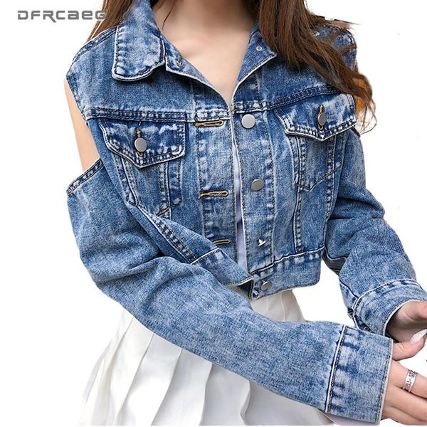 

off shoulder loose bf jeans jackets women spring 2021 streetwer long sleeve crop coat outwear blue ladies female women's, Black;brown