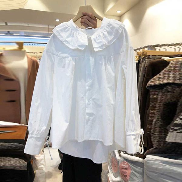 

summer fashion patchwork loose solid white sweet ruffled full shirts women 210615