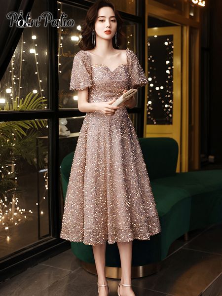 

sequined prom dresses 2021 elegant sweetheart a-line tea-length women formal evening gowns short, Black;red