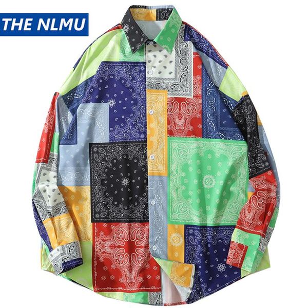 

bandana color block print long sleeve shirt hawaiian beach tees shirts streetwear harajuku hip hop casual loose wy098 men's, White;black