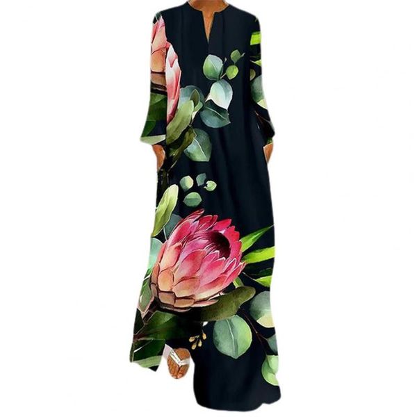 

casual dresses lady dress chinese style vintage v neck floral print 3/4 sleeve for stage show, Black;gray