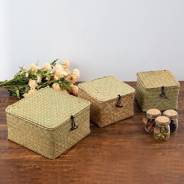 

storage baskets 1pc woven basket wicker laundry handmade seagrass box with lid home sundries consolidation organizer
