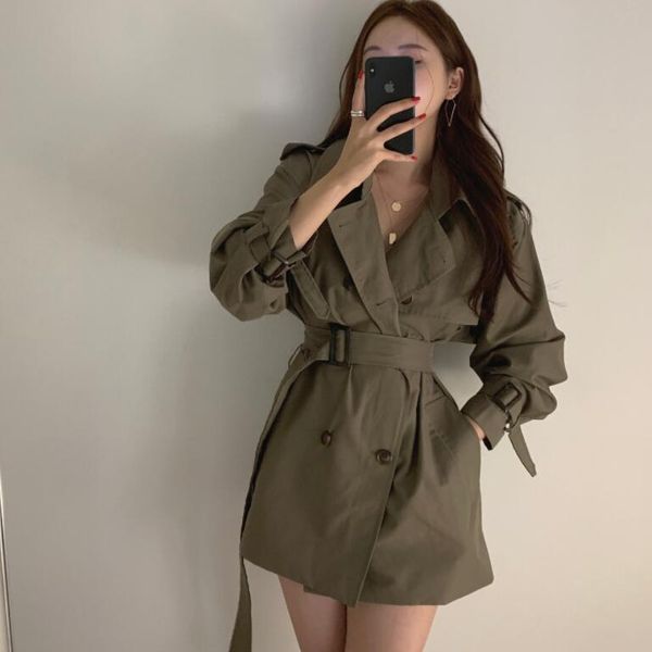 

korea autumn women's trench coat with belt full sleeve double breasted turn down collar minimalist pocket pure windbreaker gym clothing, White;black