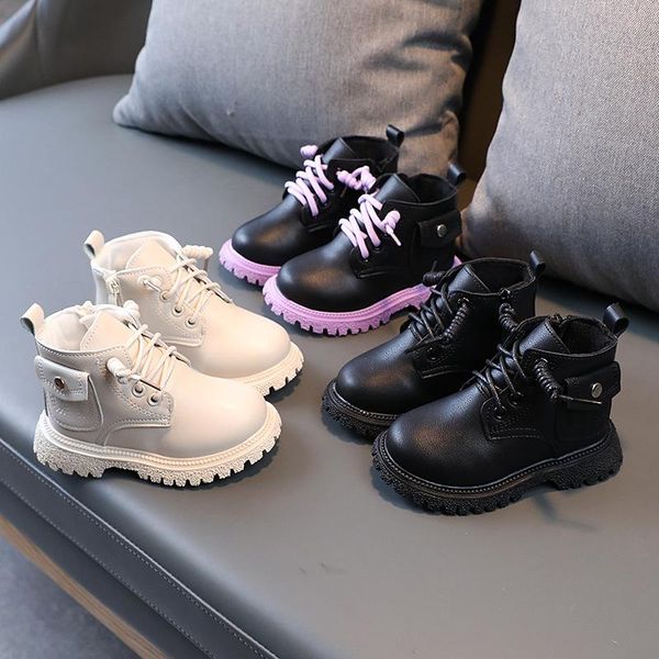 

boots 2021 autumn and winter children' shoes baby children girls short british style retro boys leather, Black;grey