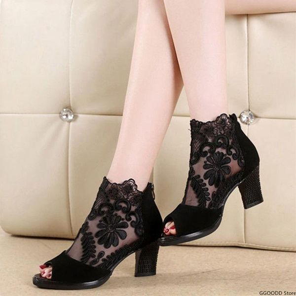 

sandals 2022 summer women's fish mouth shoes mid-heel large size breathable lace mesh high heels, Black