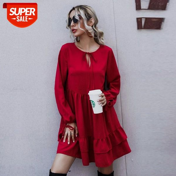 

Autumn Winter Ruffles Solid Dress Women Casual O Neck High Waist Above Knee Dress For Women 2020 New Fashion #he2g, White;black