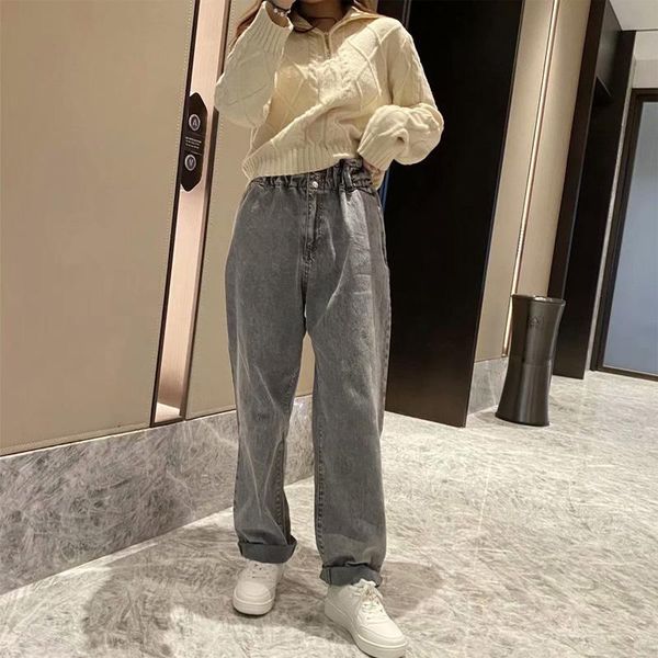 

women's jeans spring and autumn casual solid color high waist loose, Blue