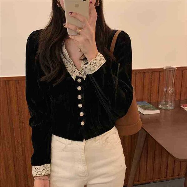 

gentle v-neck long sleeves elegance short blouse velvet women chic retro french lace female shirts 210525, White