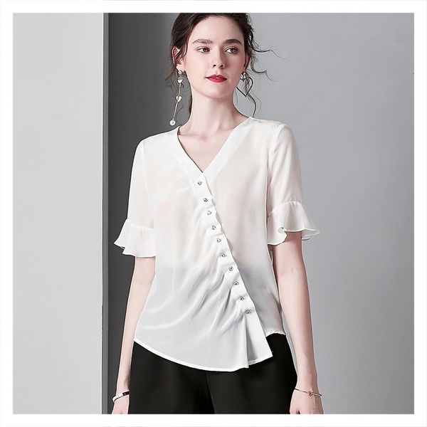 

blouses fashion women's 2021 silk shirt pinch pleated flounce bell sleeve v-neck solid color top, White