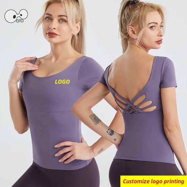 

running jerseys quick dry elastic padded built-in bra shirts women backless workout yoga gym fitness sportswear t-shirt custom 2021, Black;blue