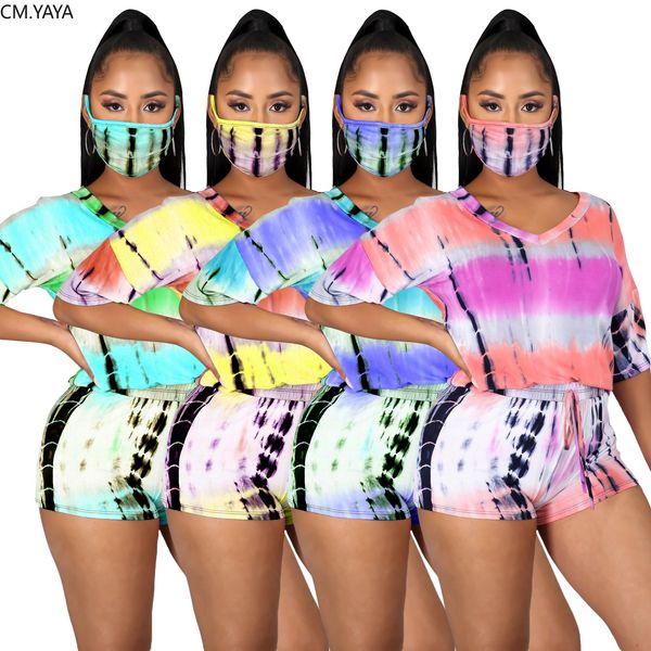 

summer women tie dye striped two piece sets trasuits v-ne tee shorts suit sporty fitness night club 2pcs outfitby air, White