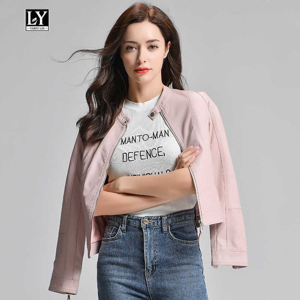 

ly varey lin pu motorcycle faux soft leather jacket women coat slim biker female black pink short outerwear 210526