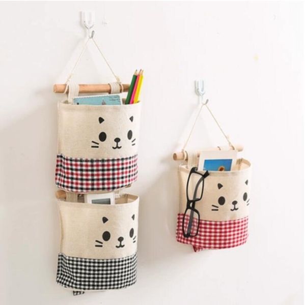 

3pcs/lot cotton and linen single bag storage small hanging behind the door fabric finishing receive a hang b boxes & bins