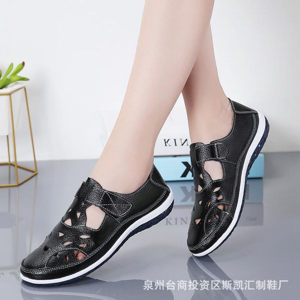 

sandals women's summer genuine leather handmade ladies shoe women flats beach shoes retro mother, Black