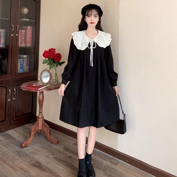 

casual dresses large french long sleeve doll neck dress autumn fat mm hepburn sweet temperament small black, Black;gray