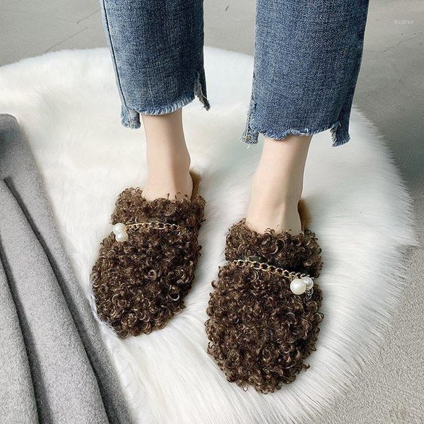 

shoes loafers plush flock slippers for adults luxury slides cover toe low slipers women fur designer soft flat 2021 fashion1, Black