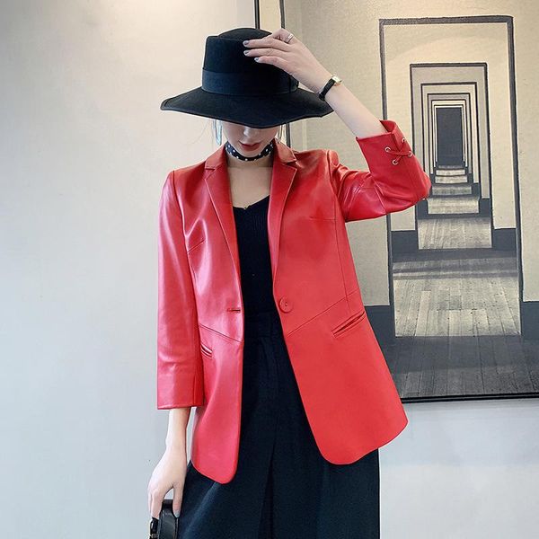 

women's leather & faux 2021 spring and autumn high-quality sheep jacket korean version of the red short blazer large size 2xl, Black