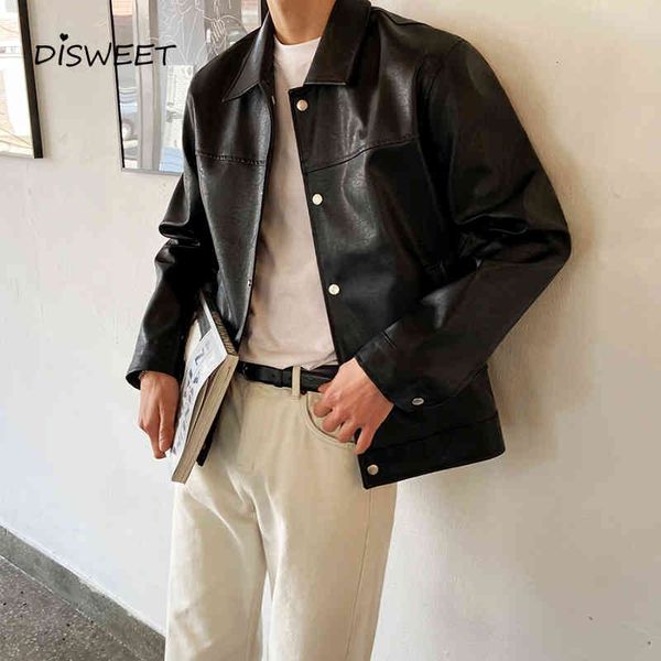 

jackets lapel collar pu jacket men korean solid loose long sleeve men's simple single breasted slim fit faux leather boy, Black;brown