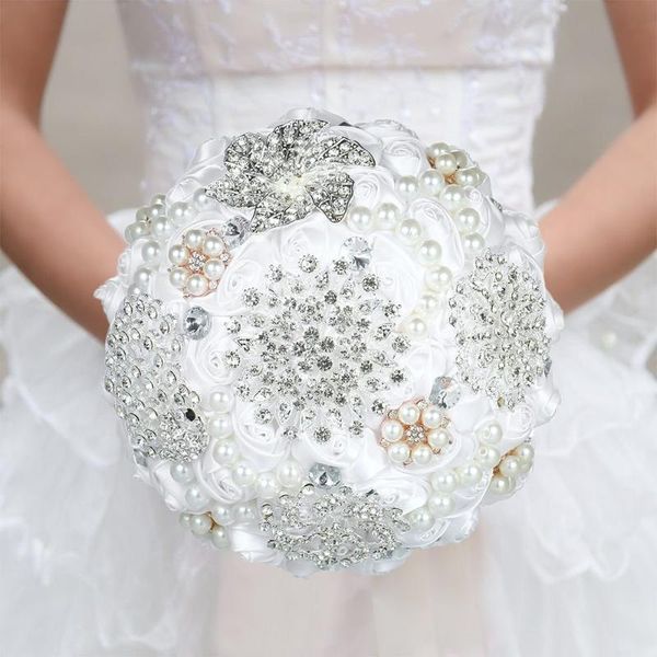 

18cm handmade wedding brooch diamond bridal bouquet satin rose flower with rhinestone artificial pearls beads decorated decorative flowers &