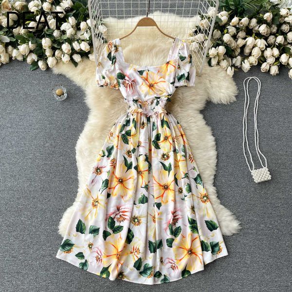 

deat women printing pleated midi-long dress square collar short sleeve temperament fashion spring summer 11d609 210709, Black;gray