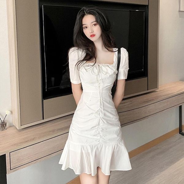 

summer robes white show thin women dress square collar fold falbala fishtail vestido de mujer chf8826, Black;gray