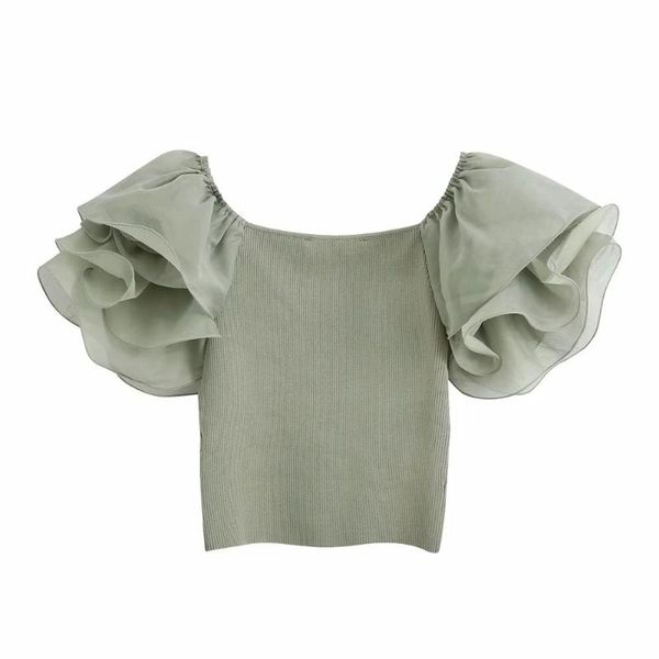 

women's sweaters 2021 summer women green v-neck ruffled sleeve thin sweater knitted short casual chic lady pullover female woman clothe, White;black