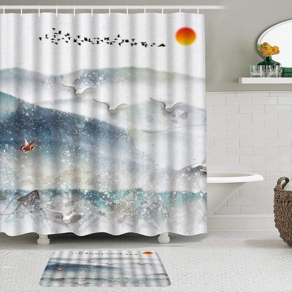 

fabric shower curtain and mats set,colorful abstract sunrise geese seagull heavy stack of mountain peak,waterproof bath curtains